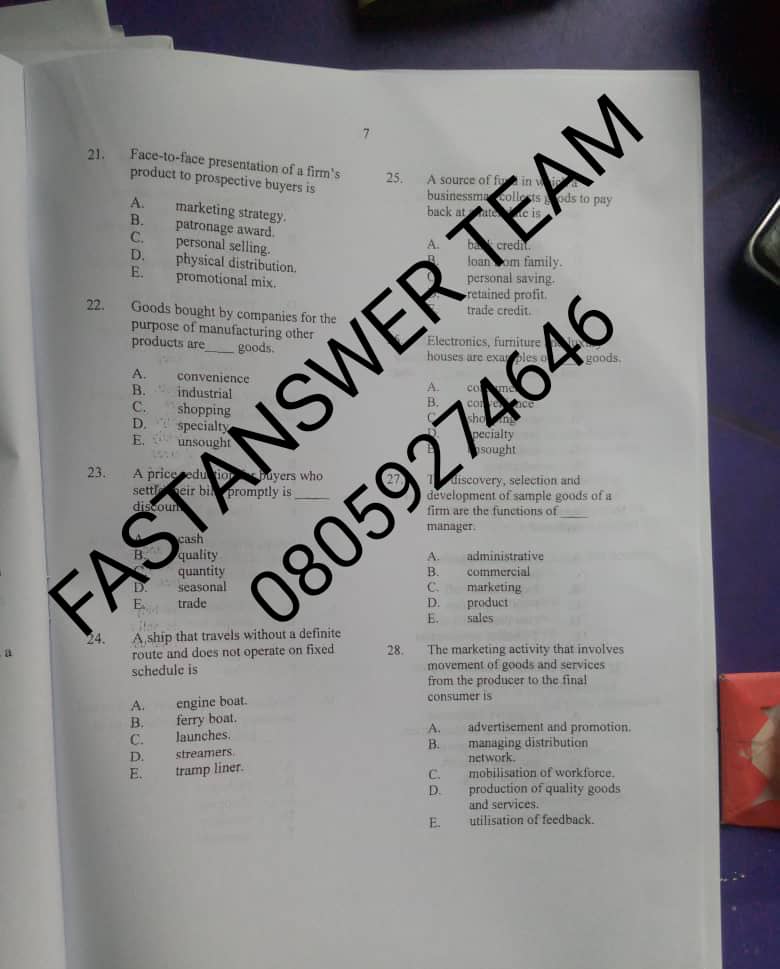 Verified Solutions for June/July NECO 2024 marketing theory and Objectives Question PAPERS and Answers 