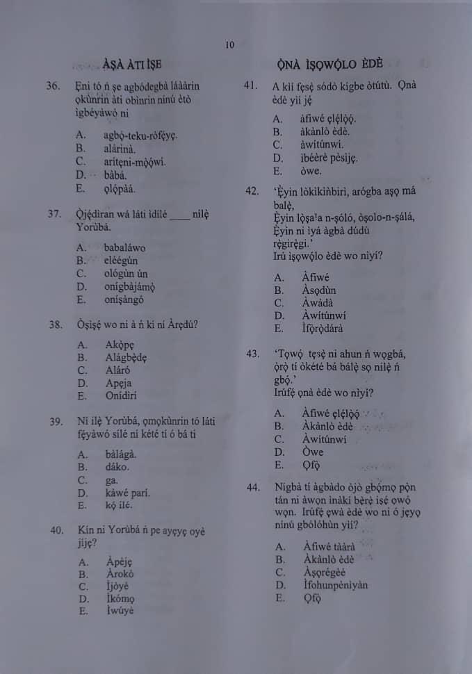 NECO 2024 Yoruba Questions Papers and Answers