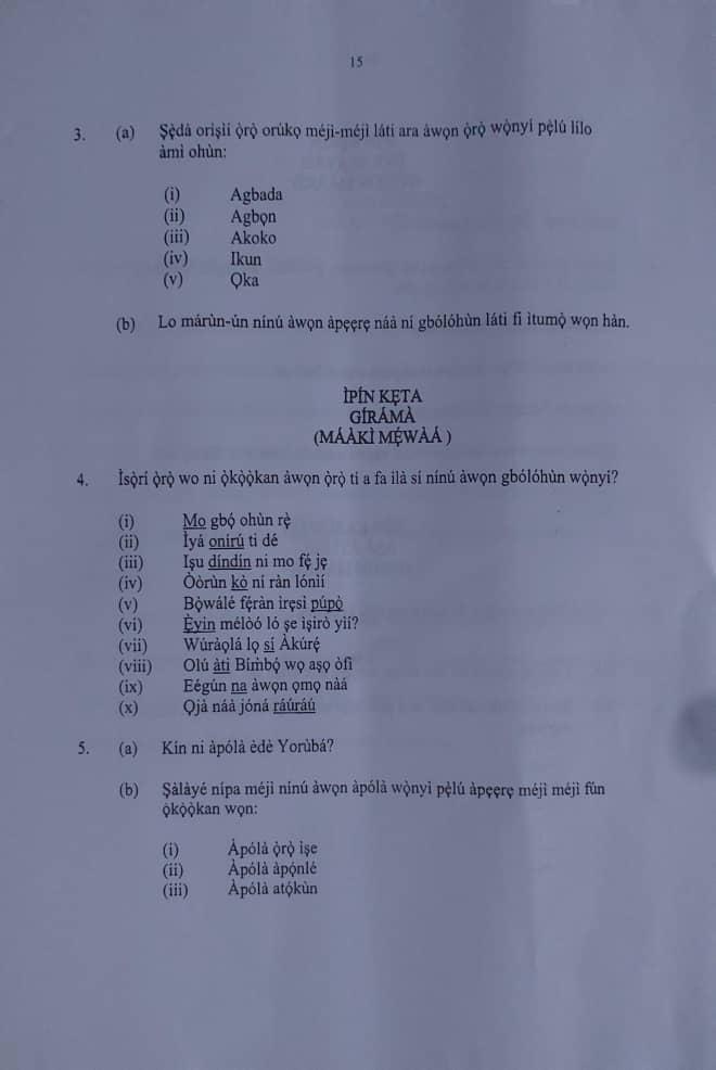 NECO 2024 Yoruba Questions Papers and Answers