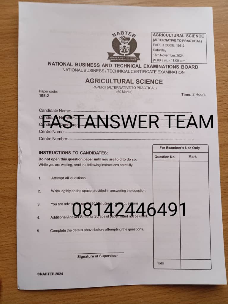 NABTEB GCE Agricultural Science Alternative to Practical Questions 