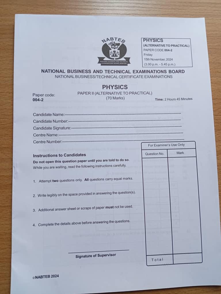 NABTEB GCE 2024 Physics Practical Questions Papers and Answers available now
