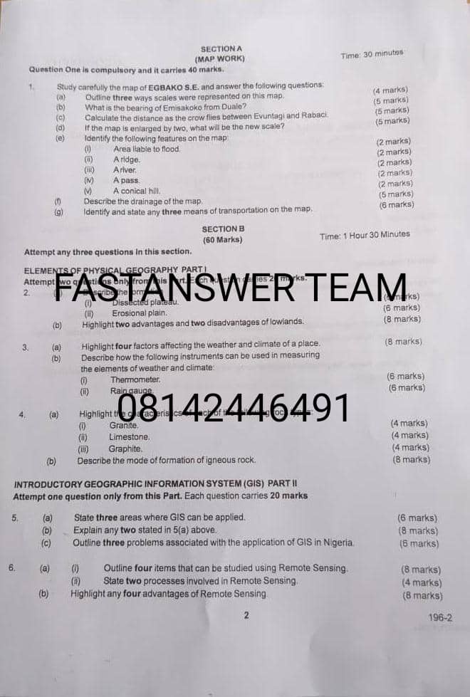 NABTEB GCE 2024 Geography Questions Papers and Answers